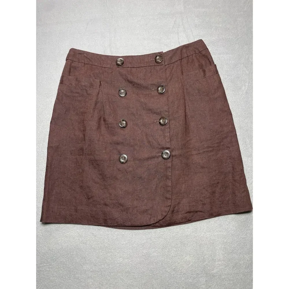 Focus 2000 Women Size 12 Brown‎ Linen Wrap Skirt Accent Buttons Lined Lagenlook